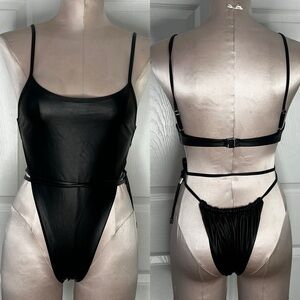 Sanserre Black Pleather Super Highwaisted Wrap Around Tie Swimsuit Sz S